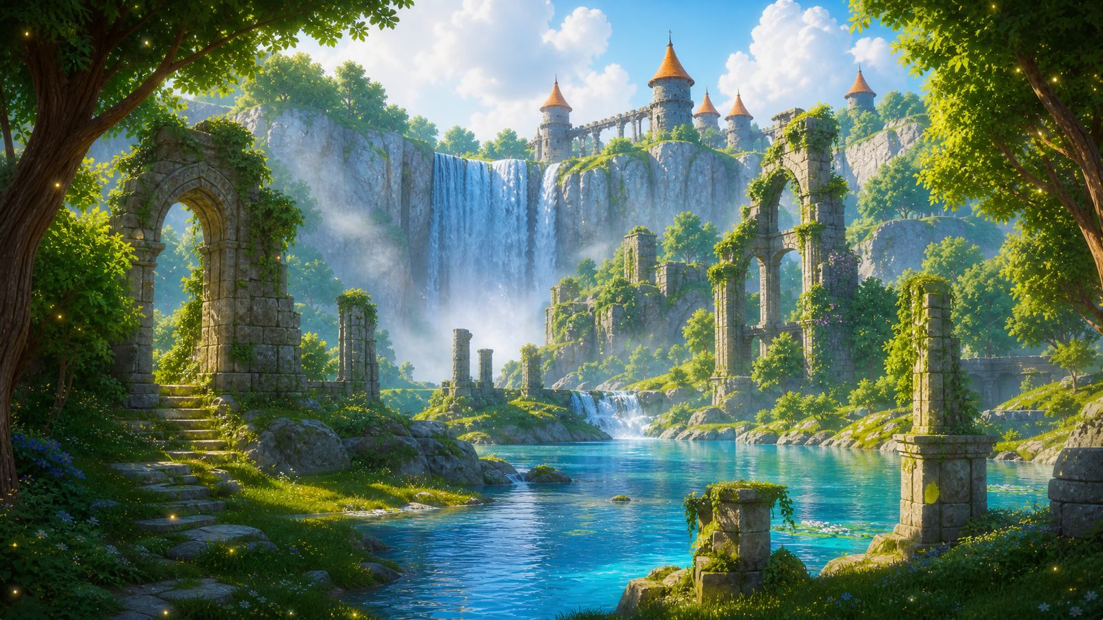 Explorers overlooking the luminous kingdom of Secret Forest