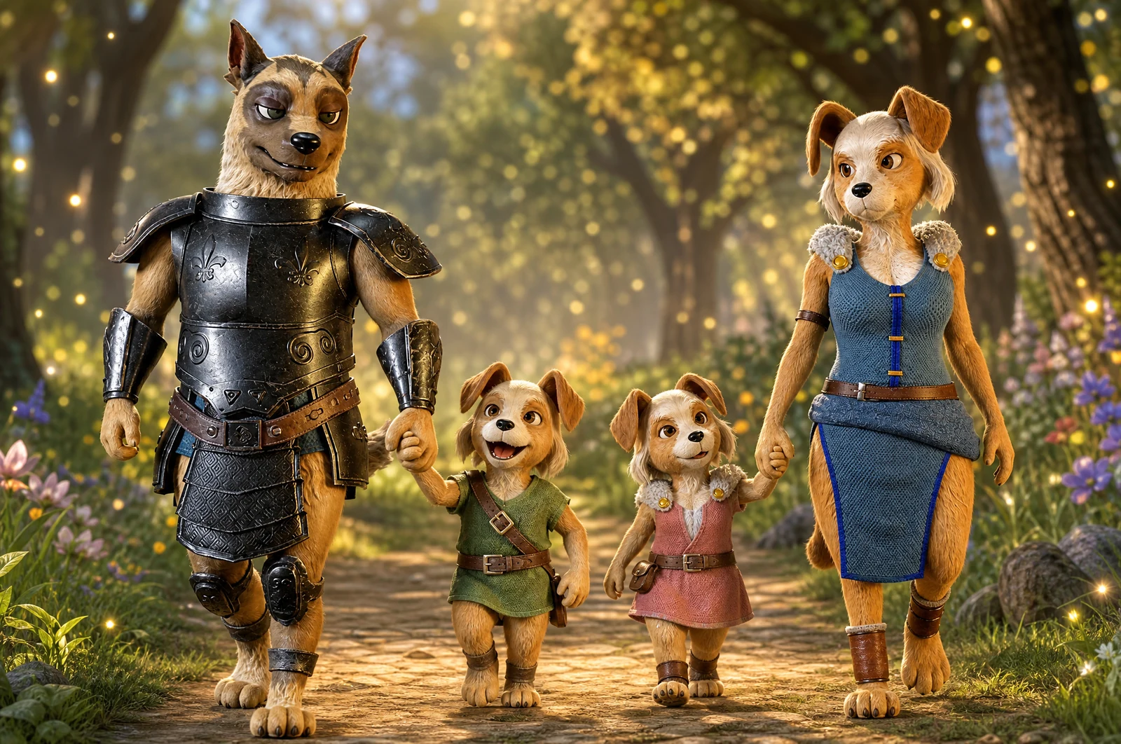 A Doggie family walking hand in hand through the forest
